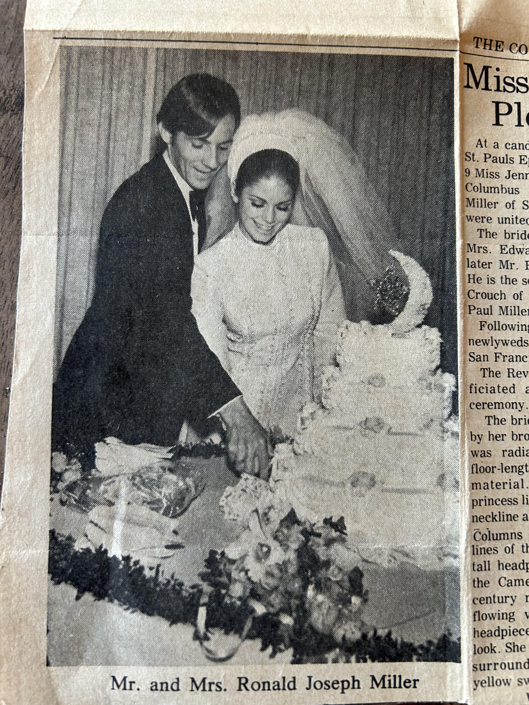 Newspaper wedding announcement for Mr. and Mrs. Ronald Joseph Miller