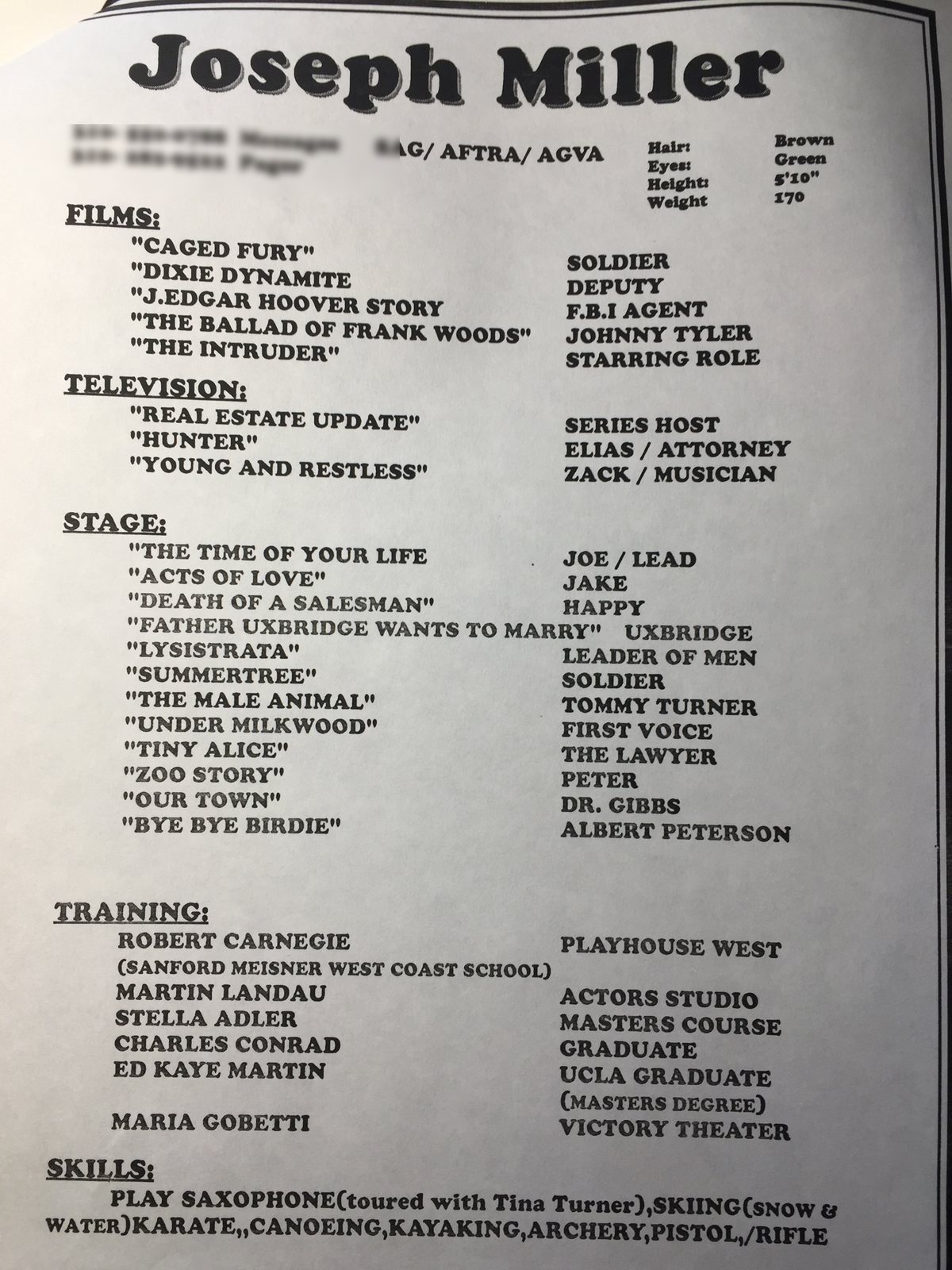 A later acting resume listing Playhouse West and the Tina Turner tour